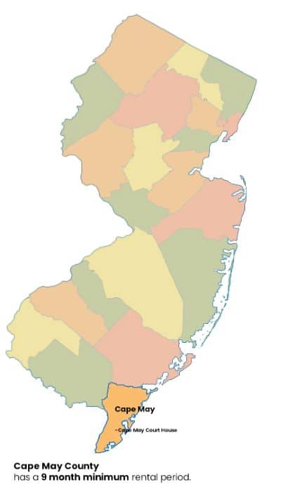 Map of New Jersey with Cape May County, NJ highlighted