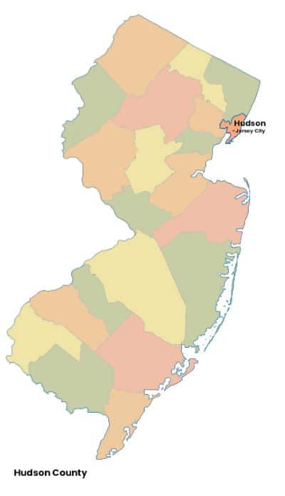 Map of New Jersey with Hudson County, NJ highlighted