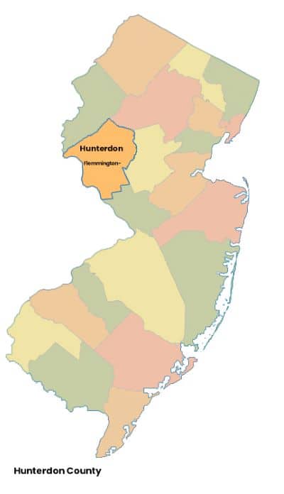 Map of New Jersey with Hunterdon County, NJ highlighted