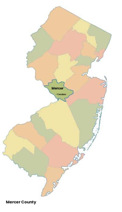 Map of New Jersey with Mercer County, NJ highlighted