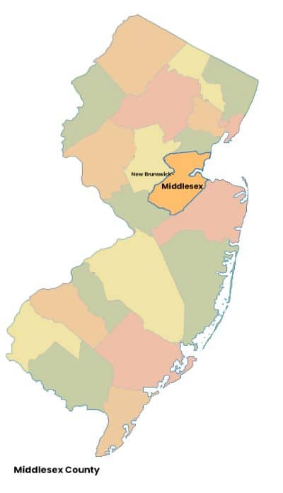 Map of New Jersey with Middlesex County, NJ highlighted