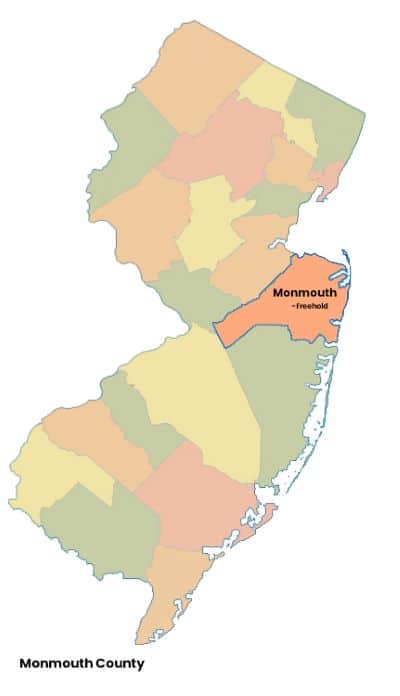 Map of New Jersey with Monmouth County, NJ highlighted
