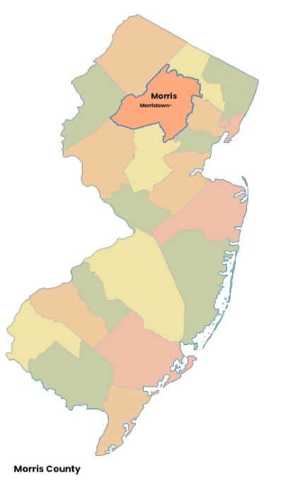 Map of New Jersey with Morris County, NJ highlighted
