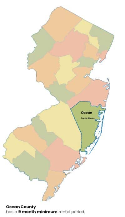 Map of New Jersey with Ocean County, NJ highlighted