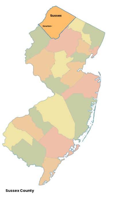 Map of New Jersey with Sussex County, NJ highlighted