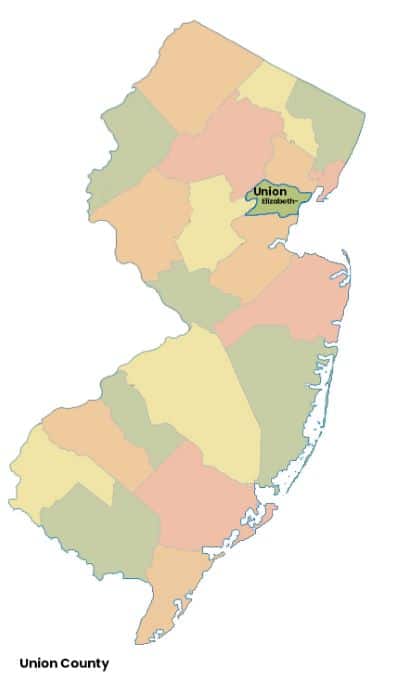 Map of New Jersey with Union County, NJ highlighted