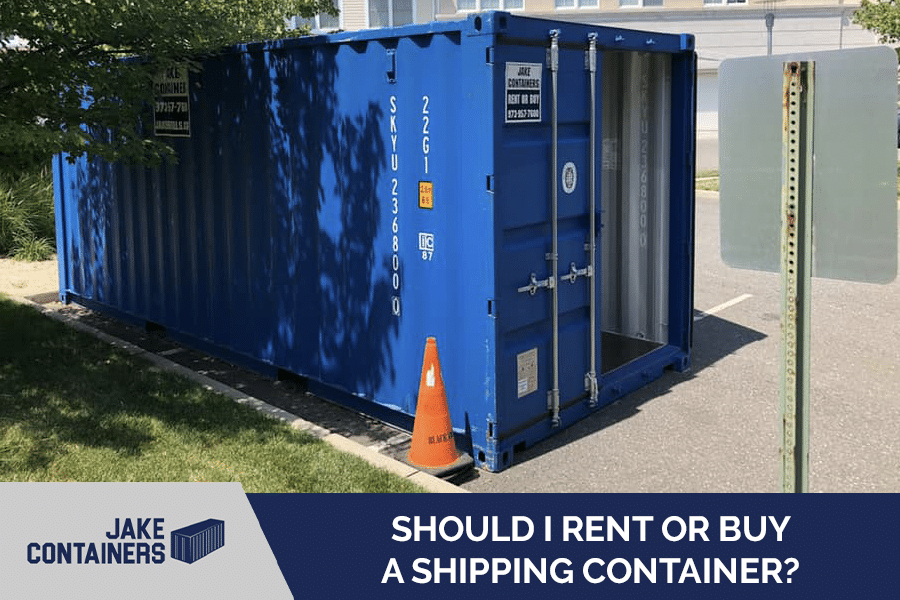 Image of a storage container reading "Should I Buy or Rent a Shipping Container?"